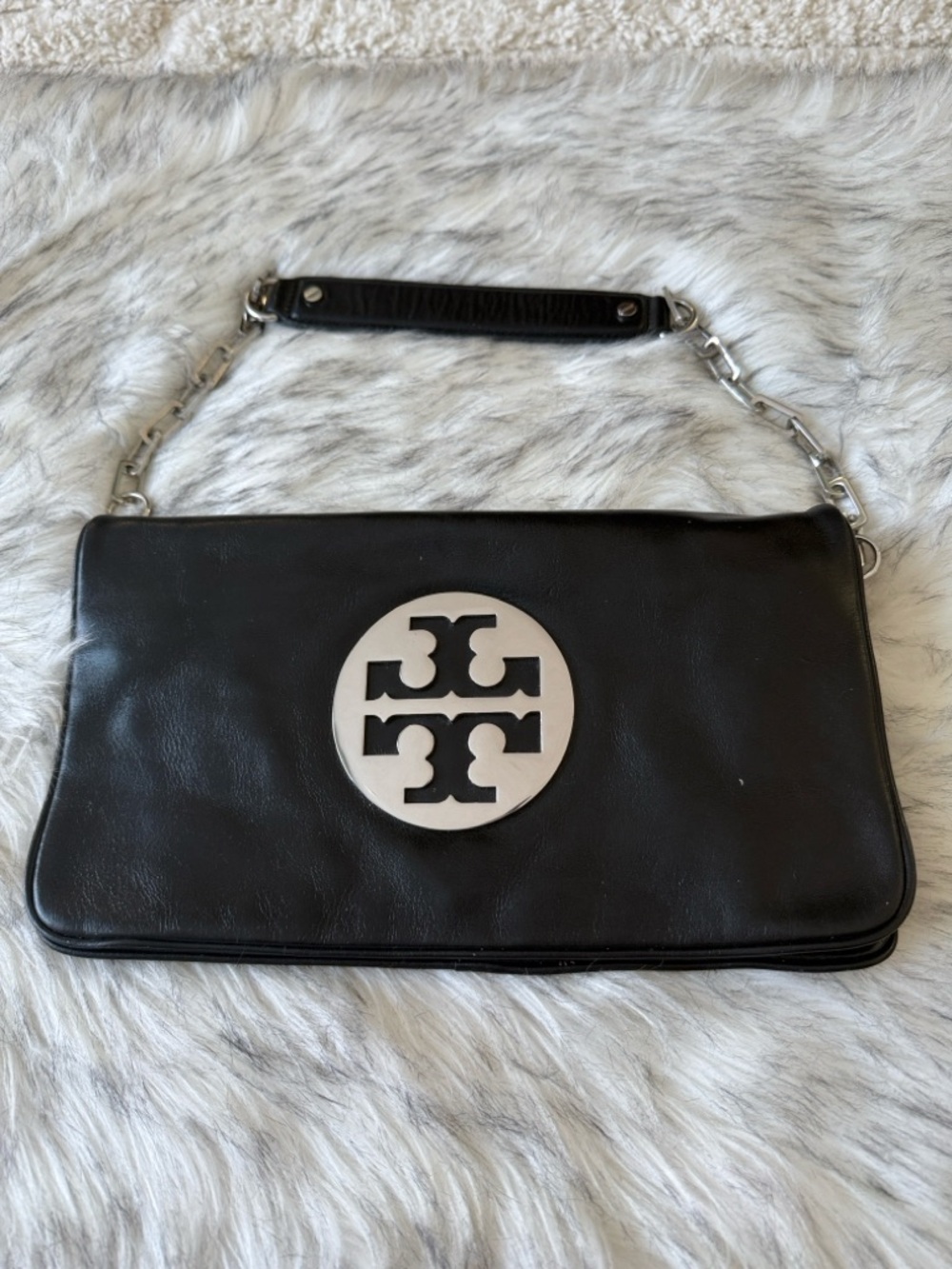Authentic Tory Burch Reva Black Chain Leather Clutch/ Shoulder Bag